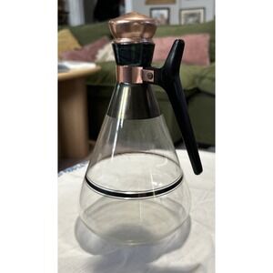 Vintage Mid-Century Glass Carafe Copper Top Coffee Juice Water Pitcher-